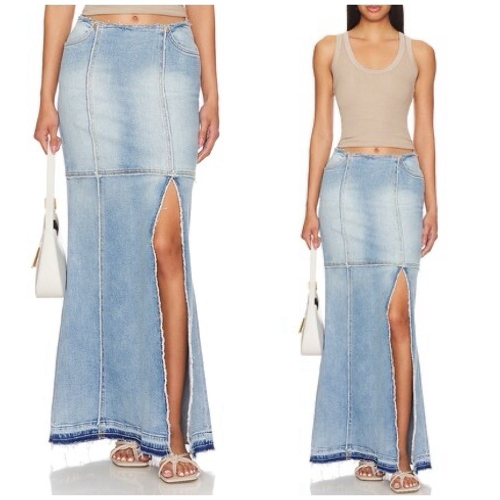 RE/DONE Revolve Column Frayed Hem Stretch Denim Maxi Skirt with Knee Front Slit